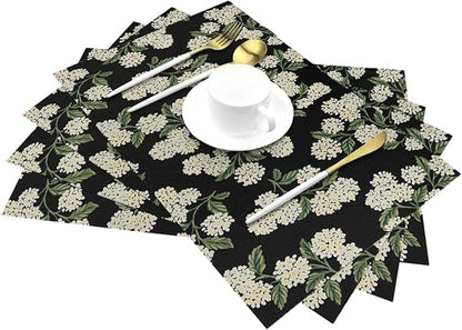 Spring Place mats Set of 4,12x18 Inches Black Beige Hydrangea Floral Decorative Summer Decor Flower Placemats Rectangle Spring Table Mats for Party Home Kitchen Dining Table Decoration