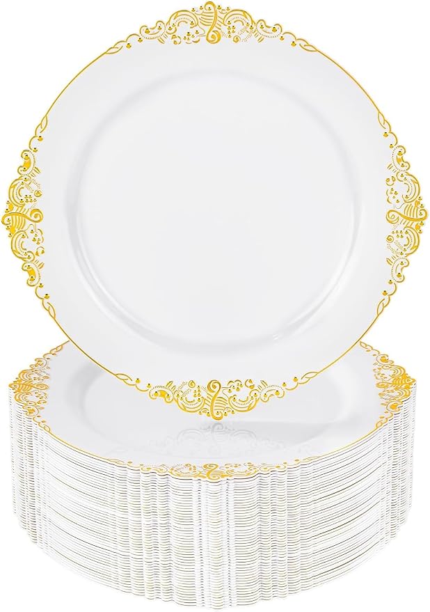 Nervure 100Pcs 10.25'' Gold Plastic Plates, Heavy Duty Disposable Plates by Nervure