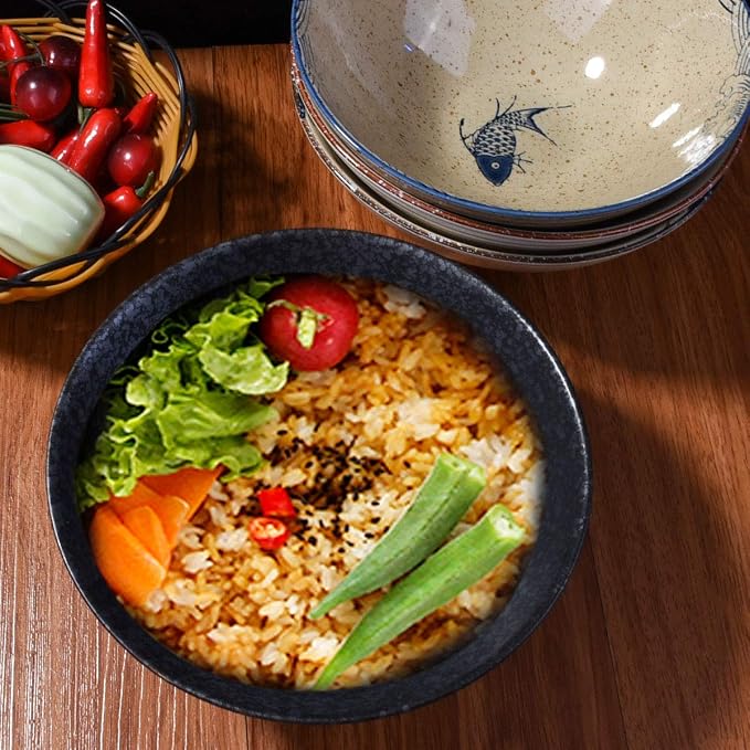 Japanese Retro Ramen Bowls Set of 4 Color Large 8 Inch Ceramic Bowl - Image 2