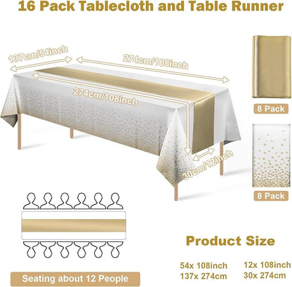 16Pack Disposable Plastic Tablecloths and Satin Table Runner Set White and Gold - Image 2