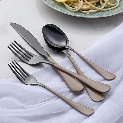 20-Piece Black Silverware Set 18/0 Stainless Steel Flatware Brown Handle Cutlery Set Service for 4 Dinner Knives Forks Spoons Set Mirror Finish Dishwasher Safe
