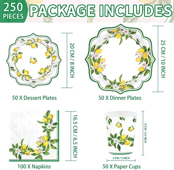 250Pcs Lemon Party Decorations for Summer Lemons Theme Serves 50 | Green Lines - Image 4