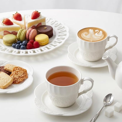 fMBB 7 Oz Tea Cups and Saucers, Rose Embossing Design, Bone Porcelain Tea Cups - Image 5