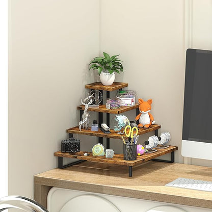 ELITEROO 4 Tier Riser Stand, Wooden Display Stands, Farmers Market Rack, Vendor Shelves for Craft Fair, Tumbler Candles, Perfume, Makeup, Right Angle Corner