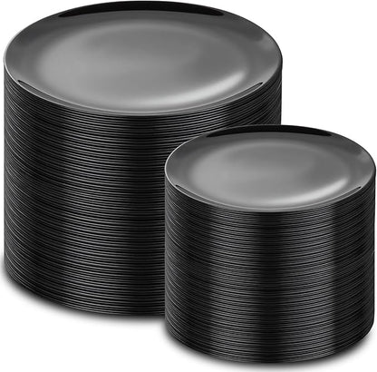 PULOTE 200PCS Black Plastic Plates - Heavy Duty Black Disposable Include 100 Each (10 inch Dinner & 7 inch Dessert) Plates, Disposable for Party, Birthday & New Year