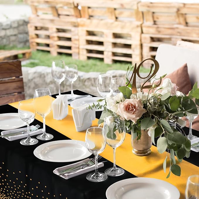 24Pack Disposable Plastic Tablecloths and Satin Table Runner Set Black Gold Dot - Image 5
