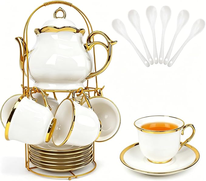20 Pcs Porcelain Tea Set with Metal Holder, Adult Tea Set Gift, Large European by Hebaogugu