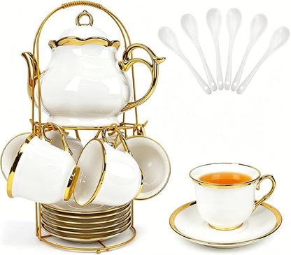 20 Pcs Porcelain Tea Set with Metal Holder, Adult Tea Set Gift, Large European by Hebaogugu
