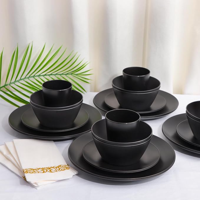 32pc Reusable Black Wheat Straw Dinnerware Sets Black Dishes - Image 5