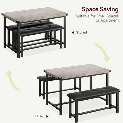 Garvee Dining Table with 2 Benches, Kitchen Table with 2 Upholstered Benches, 3 Piece Dining Table Set Space Saving for Apartment, Kitchen, 44.48" l x 27.58" w x 29.58" h, Grey