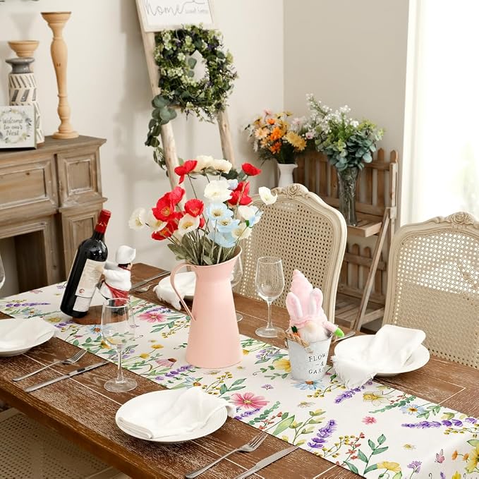 Spring Table Runner 13 x 120 Inch, Floral Wildflowers Decorative Rustic - Image 3
