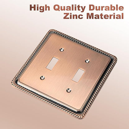 Henne Bery Rope Edge Decorative Wall Plate Switch Plate Outlet Cover (Double Toggle, Antique Copper)