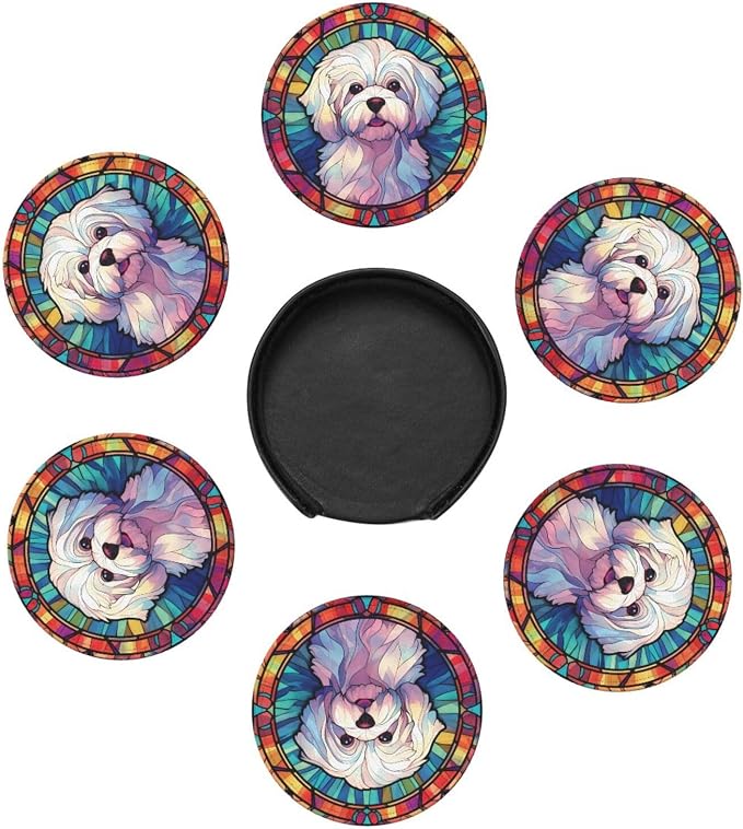 Maltese Stained Dog Breed Glass Art Leather Drinks Coasters - Image 2