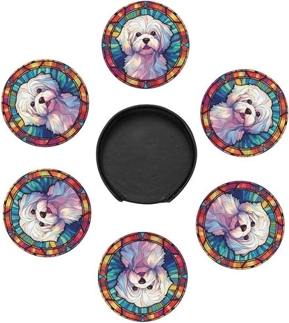 Maltese Stained Dog Breed Glass Art Leather Drinks Coasters - Image 2
