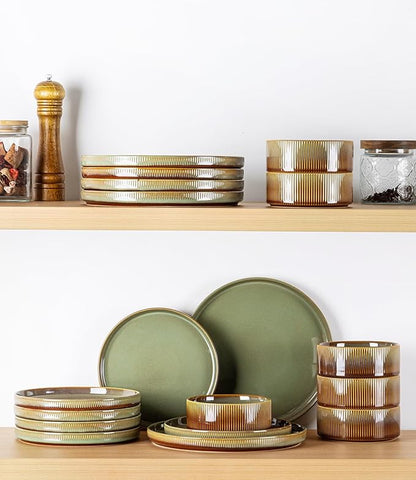TheTerra Ceramic Dinnerware Sets for 6, 18 Pieces Porcelain Lightweight Plates and Bowls Sets, Scratch Resistant Dish Set, Oven & Microwave & Dishwasher Safe, Sage Umber