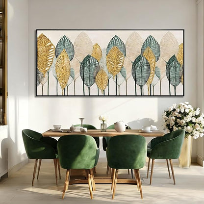 CHUDANHAO Green and Gold Wall Art Leaves Wall Decor Modern Canvas Painting 32"x70" Pictures for Dining Room Area Large Artwork for Living Room