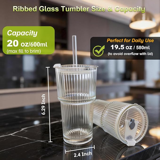 4pcs Ribbed Glass Tumbler with Straw and Lid - 20oz Reusable Iced Coffee Cups - Image 2