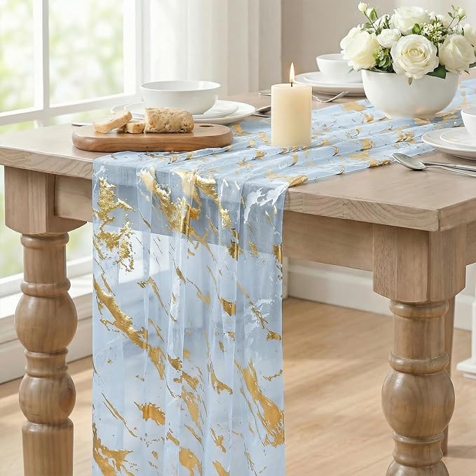 Artoid Mode Marble Pattern Light Blue Gauze Table Runner 10FT, Glitter Metallic - Image 5