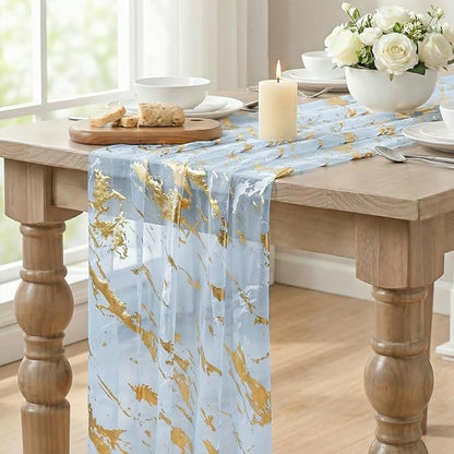 Artoid Mode Marble Pattern Light Blue Gauze Table Runner 10FT, Glitter Metallic - Image 5