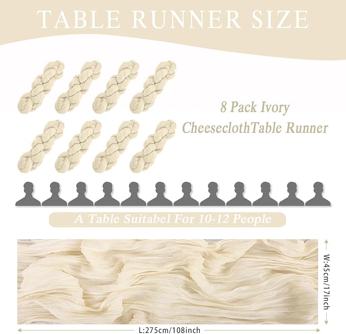 8 Pack Ivory Cheesecloth Table Runner 17x108 inch Boho Gauze Cheese Cloth Table - Image 3