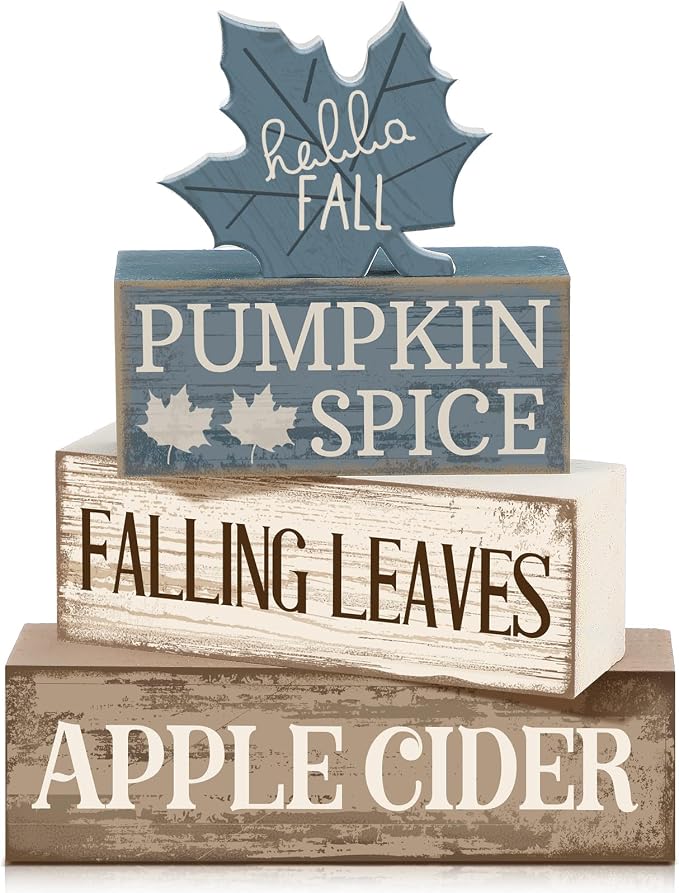Moucuny 4 Pcs Fall Table Decoration Rustic Blue Maple Leaf Stacked Wooden Block by Moucuny