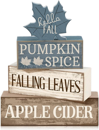 Moucuny 4 Pcs Fall Table Decoration Rustic Blue Maple Leaf Stacked Wooden Block by Moucuny