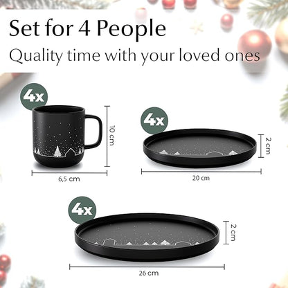 MIAMIO – Christmas Dinnerware Set 12-Piece/Christmas Plates Set with Mugs in minimalist holiday design (Service for 4) / Dishwasher and Microwave Safe – Vinter Collection