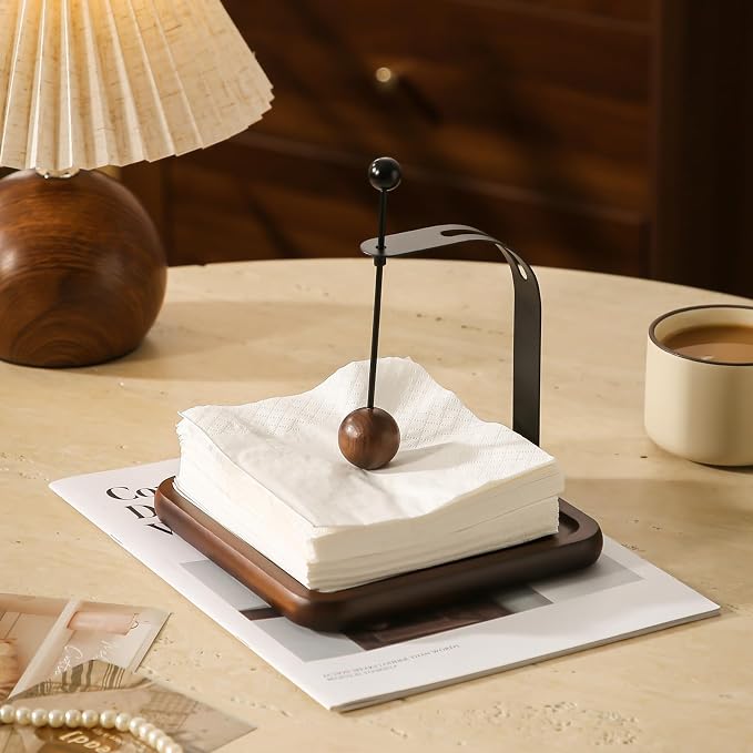 Napkin Holder with Wooden Base and Black Metal Frame, Modern Style - Image 9