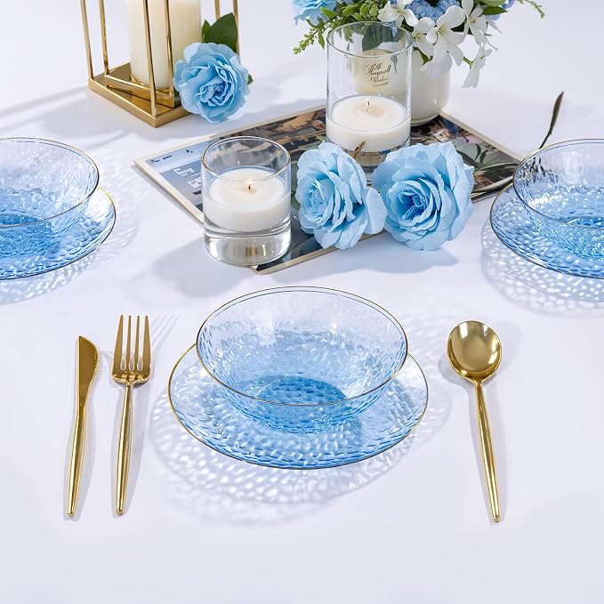 30 Pack 12 Ounce Blue Plastic Bowls Hammered Clear Bowl - Image 2