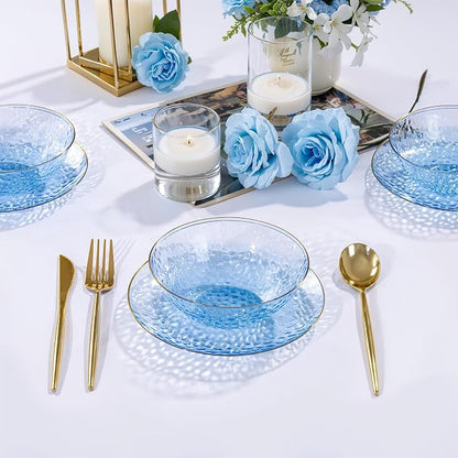 30 Pack 12 Ounce Blue Plastic Bowls Hammered Clear Bowl - Image 2