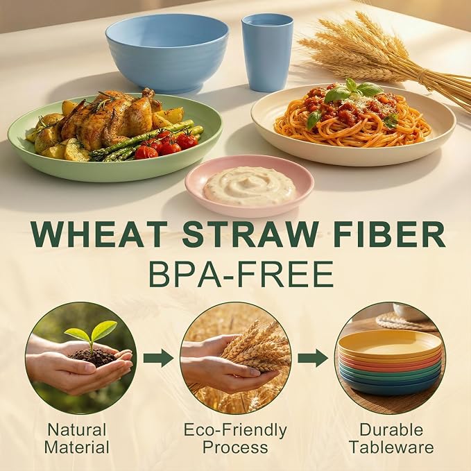 Plates and Bowls Sets 40 Piece, Wheat Straw Dinnerware Sets - Image 3