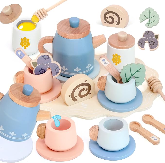 Wooden Tea Set for Little Girls, Play Food Sets for Kids Pretend Play Kitchen by Masonbaby
