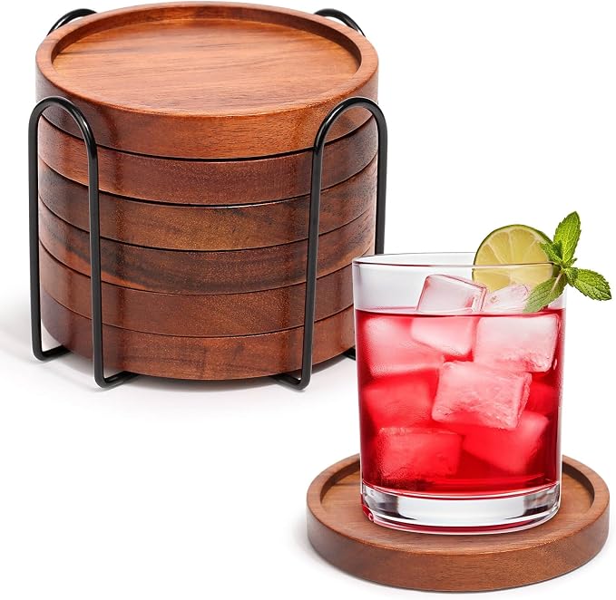Wooden Coasters Set of 6 with Holder, Acacia Wood Drink Coasters by Mckanti