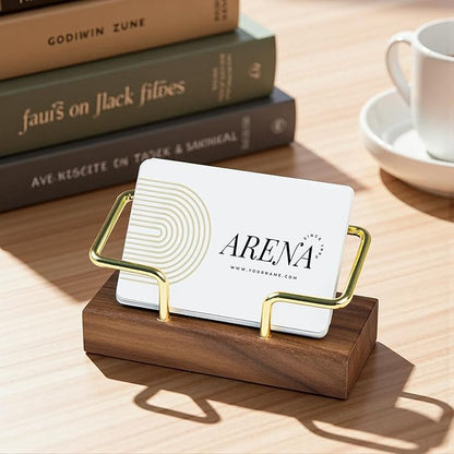 Business Card Holder for Desk, Minimalist Wooden Desk Organizer with Brass Metal Frame, Stylish Office & Home Decor for Professional Card Display(Walnut Rectangle)