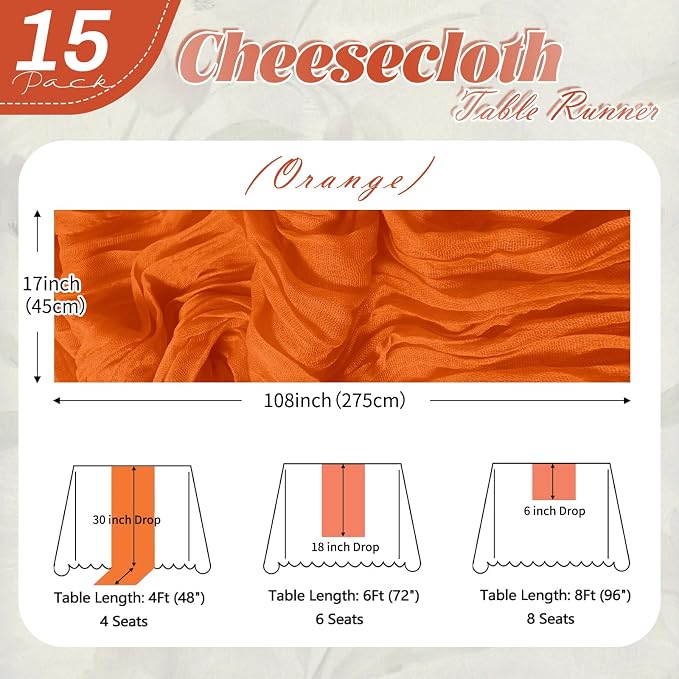15 Pack Orange Cheesecloth Table Runner 17 x 108 inch Cheese Cloth Table - Image 2