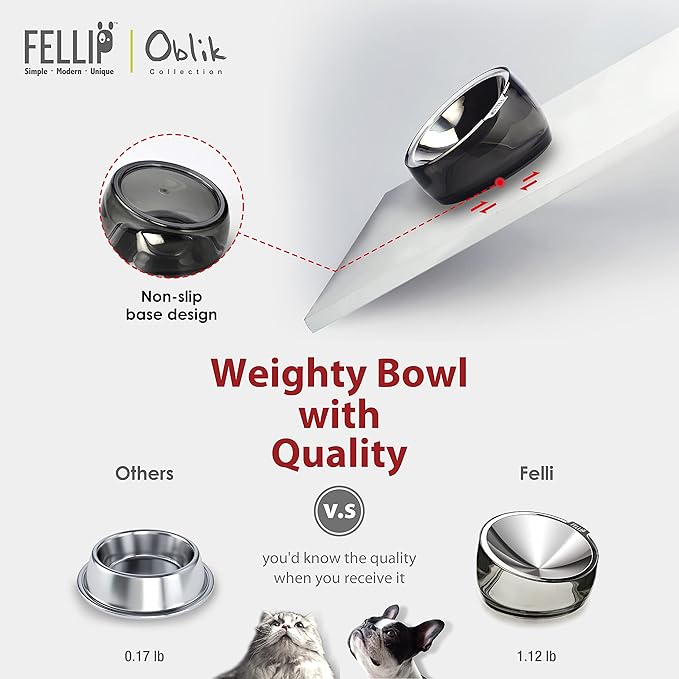 Felli Oblik Elevated Cat Bowl Removable Stainless Steel Wide Dish for Dry Wet Food Feeding & Dishwasher Clean, Slanted Whisker Fatigue Friendly Metal Plate (Smoky, 0.5 Cups Shallow Dish)