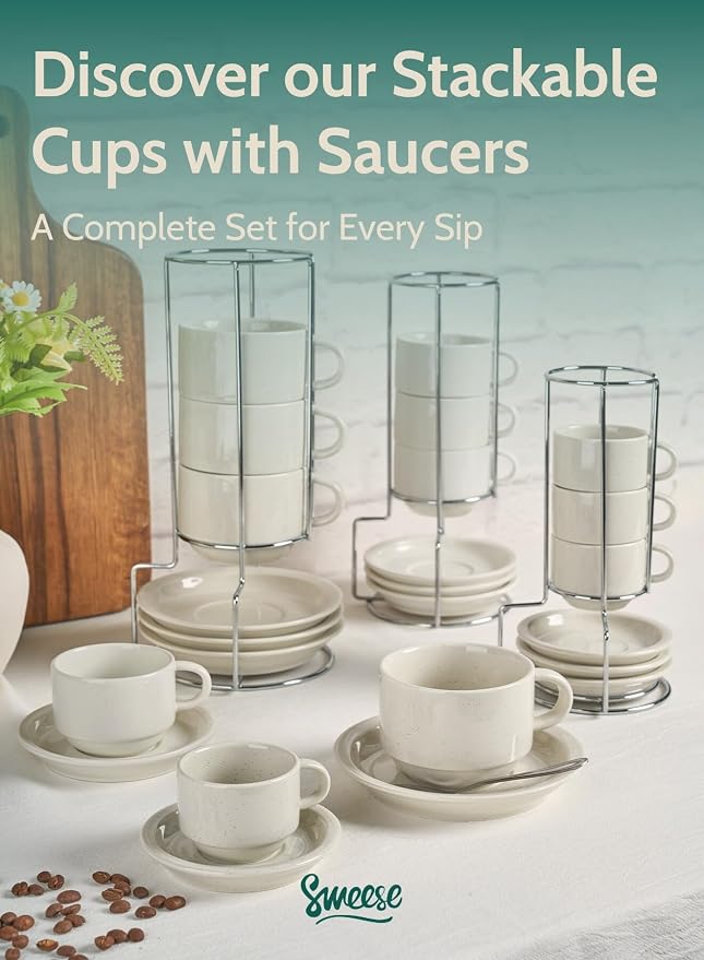 Sweese Porcelain Cappuccino Cups Set - 8 oz Stackable Coffee Mugs - Image 8