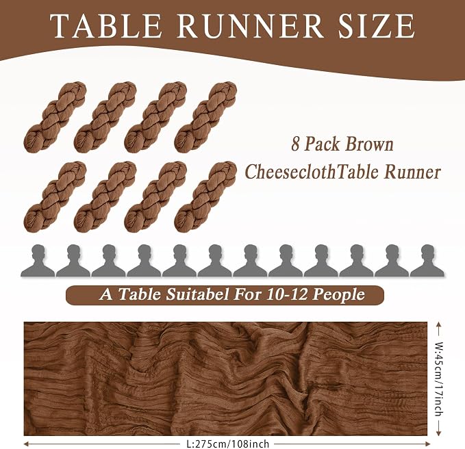 8 Pack Brown Cheesecloth Table Runner 17x108 inch Boho Gauze Cheese Cloth Table - Image 3