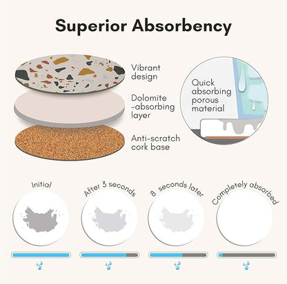 Absorbent Terrazzo Drink Coasters with Holder, Set of 6 Ceramic Stone Coasters for Drinks, Water-Absorbing Coffee Coasters for Coffee Table Decor (Sunset)