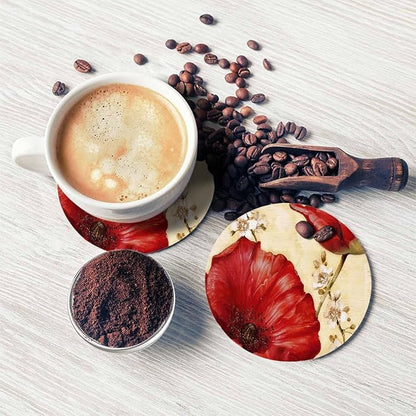 Red Poppy Drink Coaster for Tabletop Protection Beautiful Watercolor Floral Blossom Vintage Style Non-Slip Cups Place Mats Home Decor Diatomite Material for Men Women