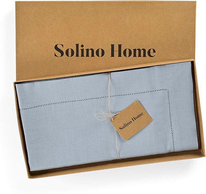 Solino Home Linen Tablecloth 52 x 52 Inch - 100% Pure Linen Dusty Blue Square Tablecloth - Classic Hemstitch, Machine Washable Table Throw for Winter, Spring, Easter