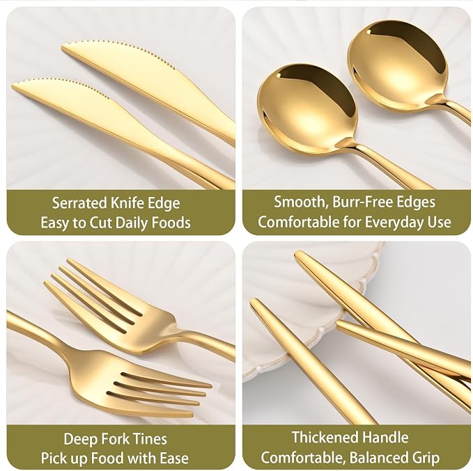 60-Piece Gold Silverware Set for 20, Food Grade Stainless Steel Flatware Set - Image 4