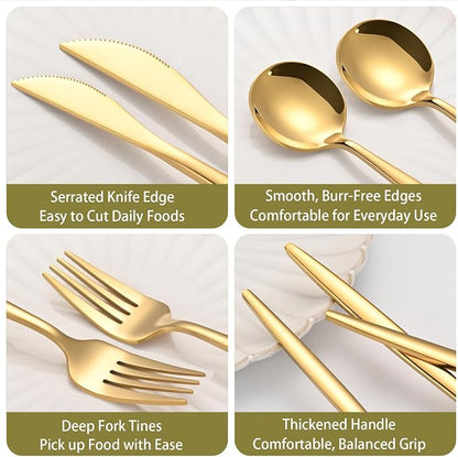60-Piece Gold Silverware Set for 20, Food Grade Stainless Steel Flatware Set - Image 4
