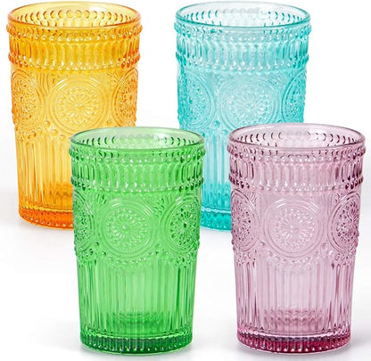 MDLUU Colored Glassware, Multicolor Drinking Glasses, Embossed Water Glasses, Colored Tumblers Glass, Capacity 12oz/345ml, Set of 4