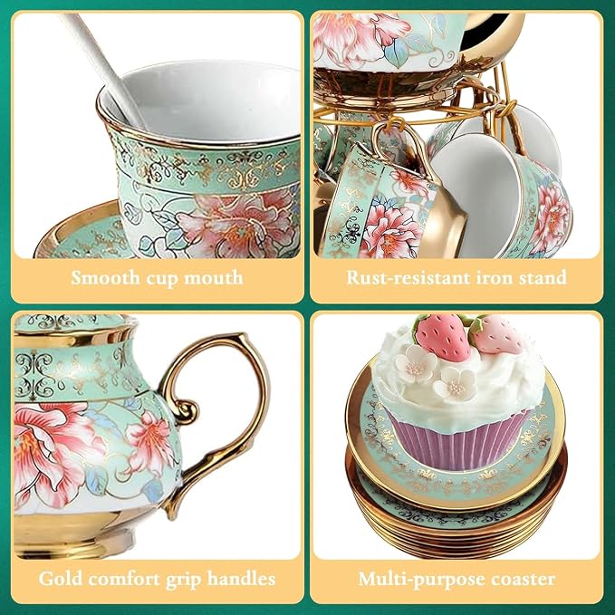 20Pcs Porcelain Tea Set with Metal Holder and Spoons, Floral Tea Sets - Image 3