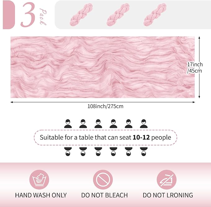 3 Pack Light Pink Cheesecloth Table Runner 17x108 Inch Semi Sheer Boho Gauze - Image 2