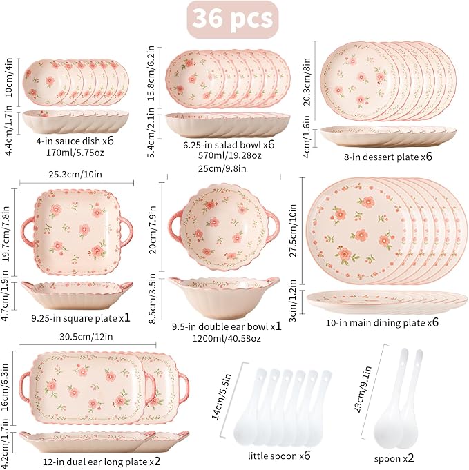 Ceramic Dinnerware Set, Floral Plates and Bowls Sets, Microwave & Dishwasher - Image 3