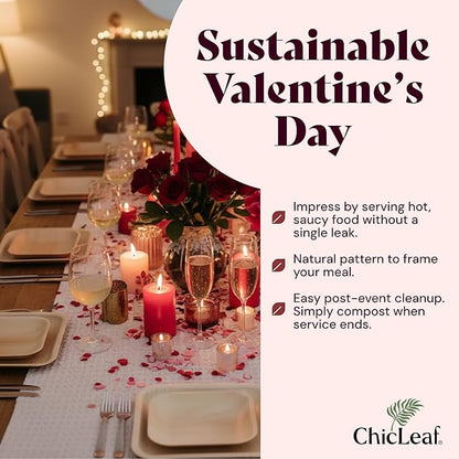 Chic Leaf Round Palm Leaf Plates - 10-Inch & 7-Inch, Pack of 48 - Compostable Disposable Bamboo Plates for Parties, Winter Cozy Dinner, Wedding & Valentine's day Romantic Candlelit Home Dining