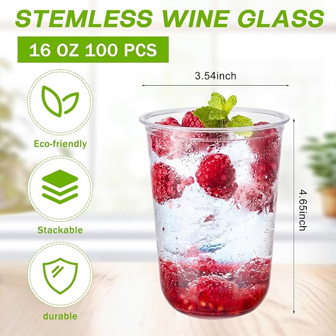 Ziliny 100 Pcs Disposable Stemless Glasses 16oz Crystal Plastic Wine Glasses - Image 3