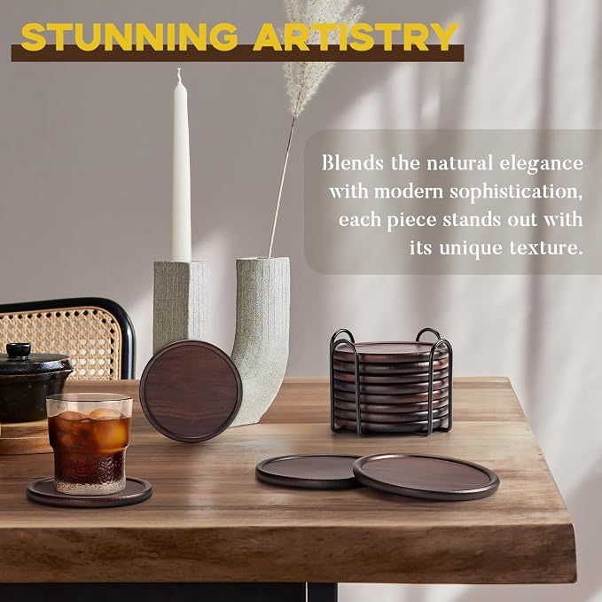 Wood Coasters with Metal Holder, GOH DODD Set of 8 Walnut Wooden Coaster - Image 3